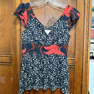 Elegant Navy and Red Floral Blouse